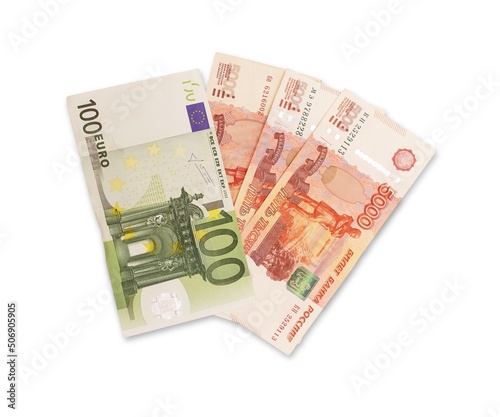 Top view of a multi-currency. Euro, dollar, ruble banknotes isolated on white background.Cash. The concept of financial literacy and savers. Stack of dollar , euro and ruble.
