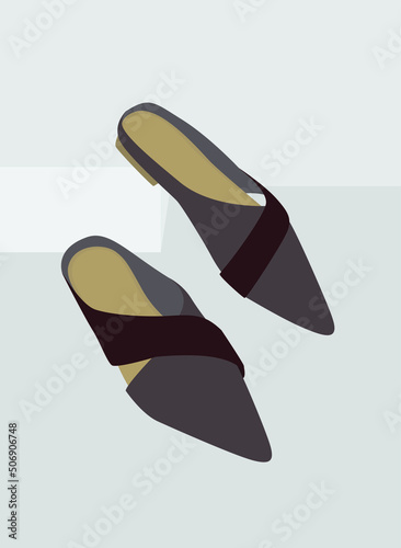 Vector flat image of women's summer shoes. Mules with low heels are two-tone: grey-burgundy. Lightweight summer shoes. Design for postcards, backgrounds, posters, templates, textiles.