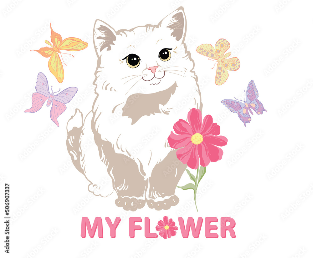 A charming cute white kitty with big eyes stands in pink flowers and butterflies
