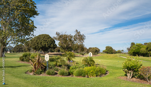 Tee and fairway at Meadowlark golf club, Huntington Beach, California, USA