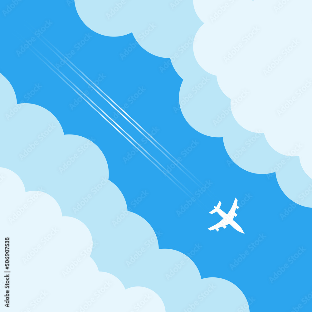 Airplane flying above clouds. Jet plane with exhaust white trail. Blue gradient and white plane silhouette. White and transparent clouds on the blue sky. jpeg image jpg illustration 

