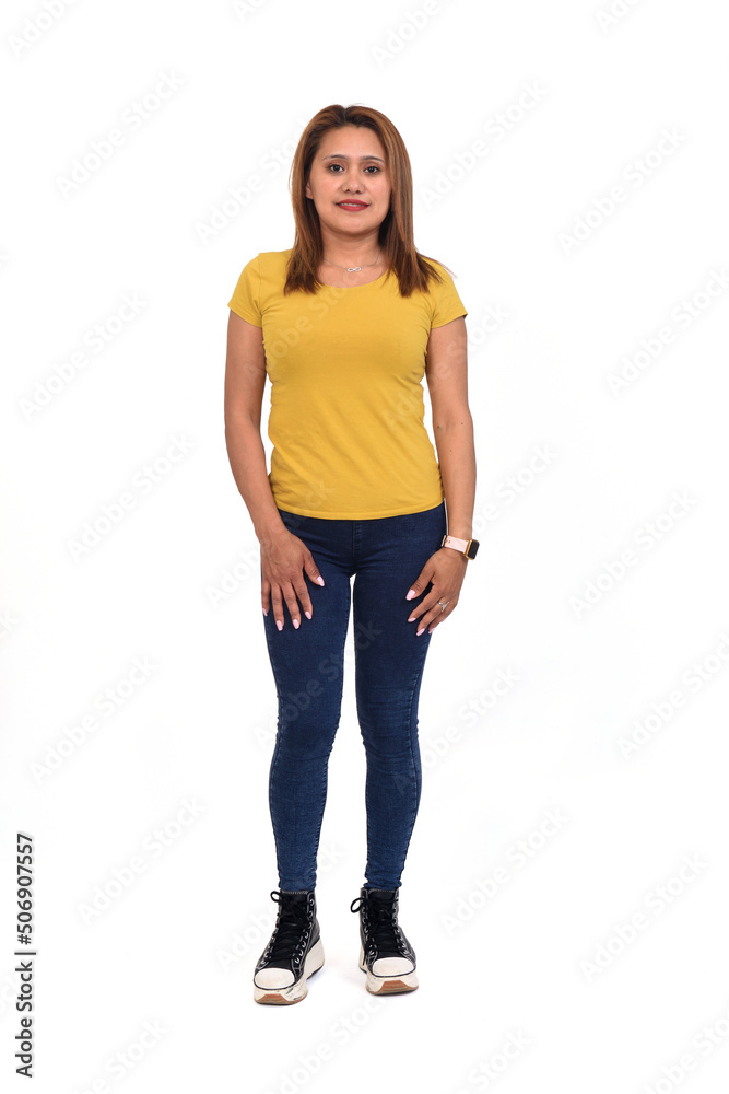 front view of woman with slim jeans on white background front view of woman with slim jeans on white background