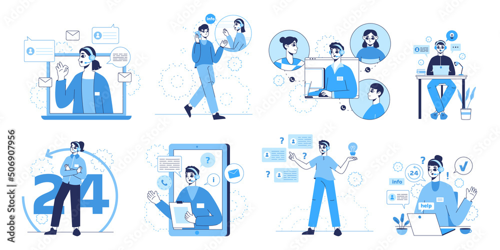 Customer support service, personal assistant, hotline operators. Technical online client support, call center workers vector symbols illustration set. Virtual advice services
