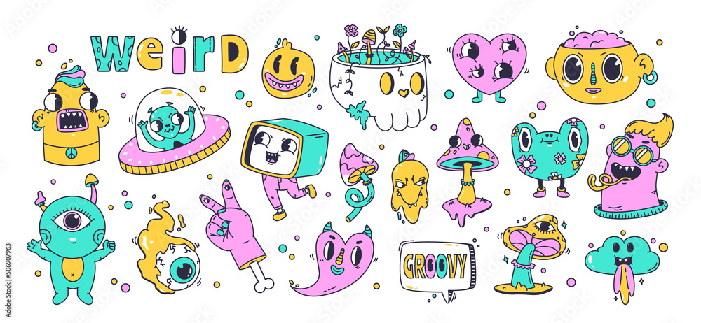 Psychedelic cartoon emoji, bright weird doodle patches. Trippy trendy stickers, mushroom, skull and groovy hallucination elements vector illustration set. Neon comic mascots collection