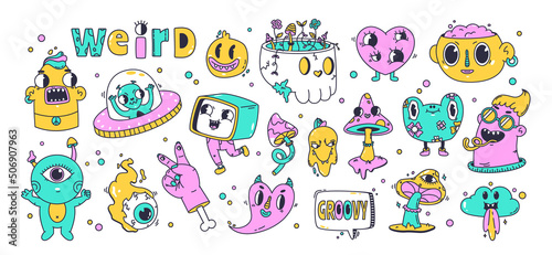 Fototapeta Naklejka Na Ścianę i Meble -  Psychedelic cartoon emoji, bright weird doodle patches. Trippy trendy stickers, mushroom, skull and groovy hallucination elements vector illustration set. Neon comic mascots collection
