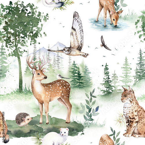 Fototapeta Watercolor woodland animals seamless pattern, cute deer, owl, lynx, hedgehog, ermine. Hand drawn illustration.  Forest landscape, nursery design for prints, postcards, greeting cards, textile