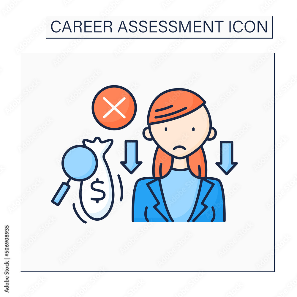 Poverty color icon. Low salary. Lost money due to low motivation and productivity. Empty money bag. Career assessment concept. Isolated vector illustration Poverty color icon. Low salary. Lost money due to low motivation and productivity. Empty money bag. Career assessment concept. Isolated vector illustration