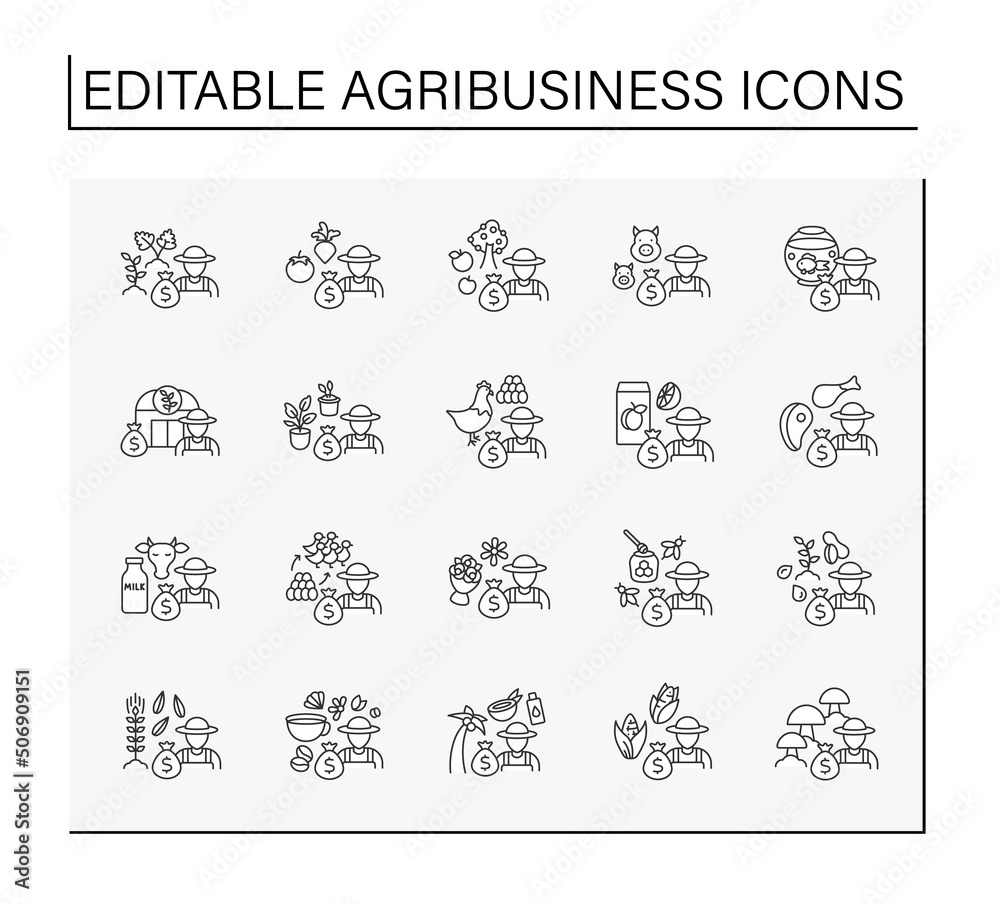 Agribusiness line icons set. Raising vegetables, fruits, mushrooms for market sale. Manufacture of meat, florist business.Profitable business concept. Isolated vector illustrations. Editable stroke