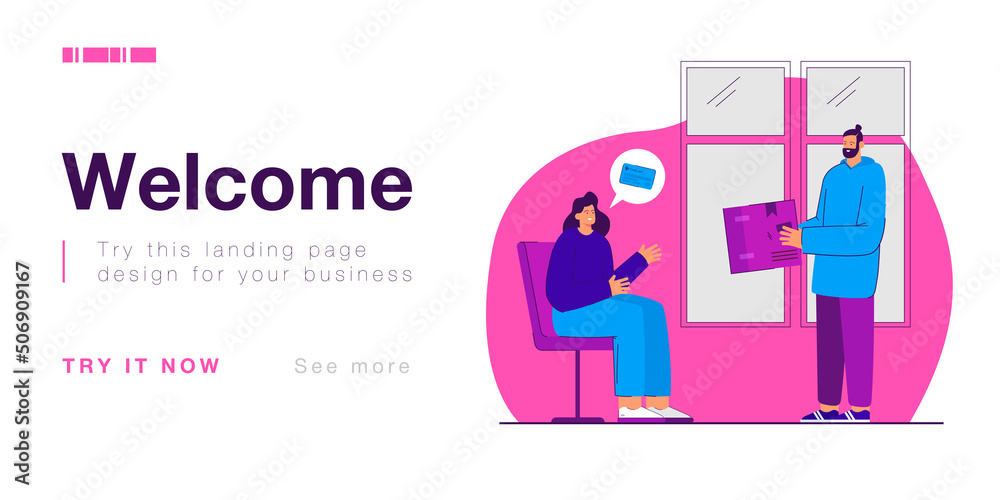 Woman paying by credit card for delivery of purchases. Courier delivering order box to customers home flat vector illustration. Online payment concept for banner, website design or landing web page