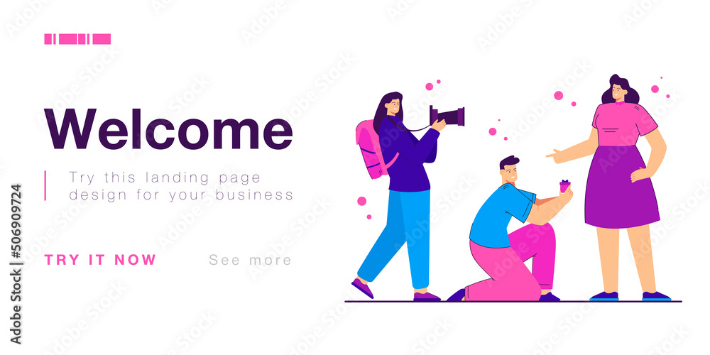 Woman taking picture of man proposing to girlfriend. Girl capturing moment of family creation flat vector illustration. Posing, social media space concept for banner, website design, landing web page Woman taking picture of man proposing to girlfriend. Girl capturing moment of family creation flat vector illustration. Posing, social media space concept for banner, website design, landing web page