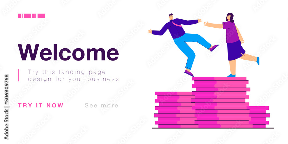 Woman giving helping hand to employee. Experienced worker helping another one not to fail flat vector illustration. Support, assistance, tutorship concept for banner, website design, landing web page Woman giving helping hand to employee. Experienced worker helping another one not to fail flat vector illustration. Support, assistance, tutorship concept for banner, website design, landing web page