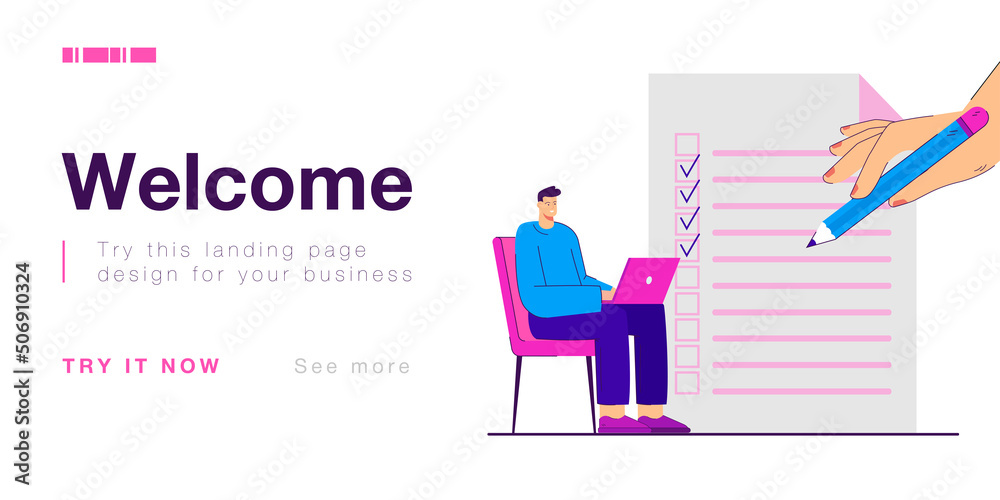Tiny man sitting on chair with laptop on checklist background. Hand ticking to do list flat vector illustration. Organizer, productivity, concept for banner, website design or landing web page Tiny man sitting on chair with laptop on checklist background. Hand ticking to do list flat vector illustration. Organizer, productivity, concept for banner, website design or landing web page