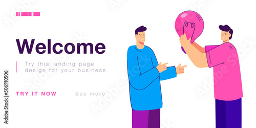 Man showing his friend huge light bulb. Having brilliant idea flat vector illustration. Startup, business, presentation, innovation, brainstorm concept for banner, website design or landing web page