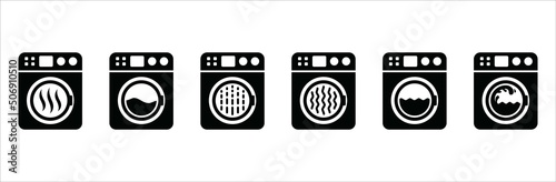 Washing machine icon set. Dryer spinner vector icons set. Laundry clean and dry service sign. Vector stock illustration. Simple flat design.