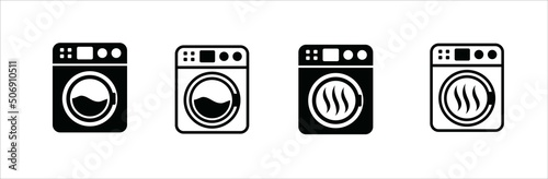 Washing machine icon set. Dryer spinner vector icons set. Laundry clean and dry service sign. Vector stock illustration. Simple flat outline design.