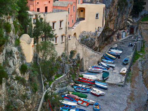 The picturesque and dramatic hamlet of Furore seen from the famously beautiful Amalfi Coast in the Campagna region of Italy 