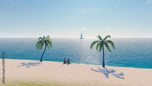 8K. Beautiful woman and boyfriend at luxury hotel resort celebrating summer vacation. Girl enjoying sunny day on travel holiday. Perfect for summer background. 3d rendering.