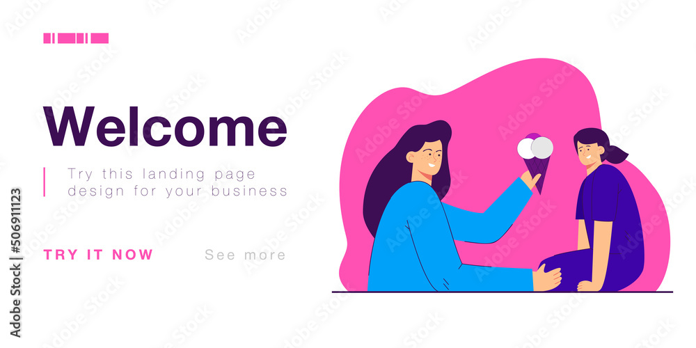 Mother giving ice cream to daughter. Mom comforting child using dessert flat vector illustration. Family activities, leisure time together concept for banner, website design or landing web page Mother giving ice cream to daughter. Mom comforting child using dessert flat vector illustration. Family activities, leisure time together concept for banner, website design or landing web page
