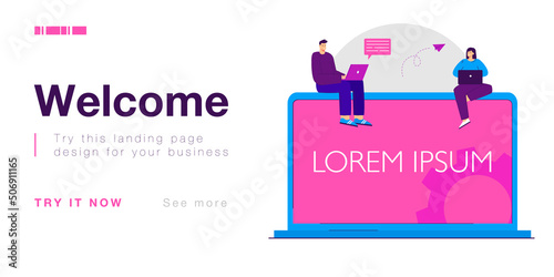 Tiny characters sitting on laptop with lorem ipsum title. Designers choosing print flat vector illustration. Design template, typographic print concept for banner, website design or landing web page photo