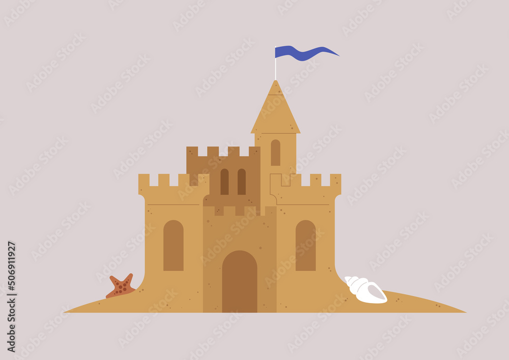 A sand castle with a flag, a sea shell and a star, a summer beach concept