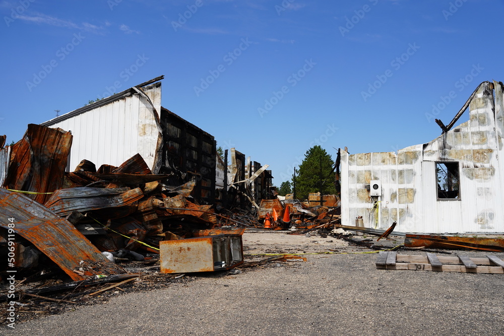 Burned building from a chemical fire out in the countryside.