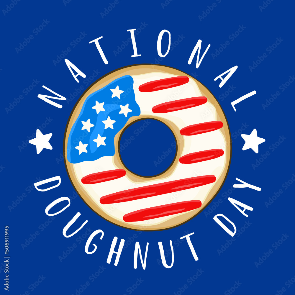 National Doughnut Day lettering with glazed donut in the colors of the USA flag. Poster concept. Vector. On blue background National Doughnut Day lettering with glazed donut in the colors of the USA flag. Poster concept. Vector. On blue background