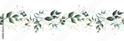 Watercolor painted floral frame. Arrangement with branches and leaves and gol...