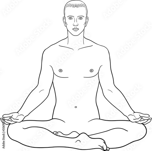 Man sitting in a lotus position front view, male anatomy vector illustration