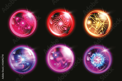 Magic crystal ball vector set, glass energy purple globe 3D neon light circle, witch fortune sphere. Mystery future round fortune teller design element pink shine flare, game power orb. Magic ball kit
