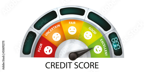 Credit score vector meter concept, mortgage good bad scale personal finance business rating gauge. Speedometer debt availability level, excellent status average money measurement. Credit score