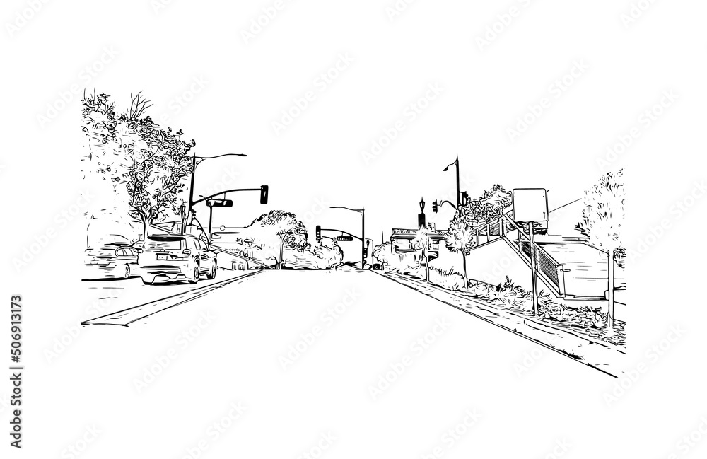 Building view with landmark of Monterey is the city in California. Hand drawn sketch illustration in vector.