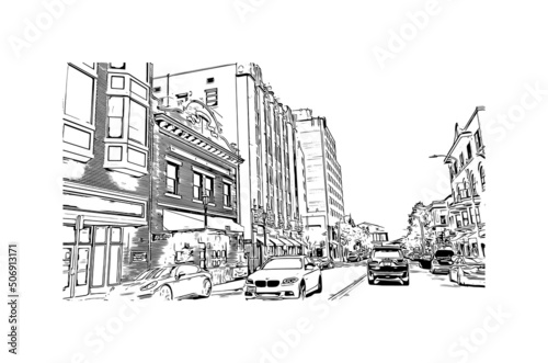 Building view with landmark of Monterey is the city in California. Hand drawn sketch illustration in vector.