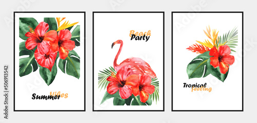 Tropical paradise. Watercolor collection of posters with flamingo, flowers and leaves