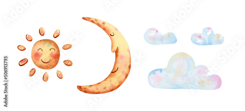 Watercolor sun, moon, clouds illustration. Cute cartoon illustrations for kids cloth design, greeting cards, books