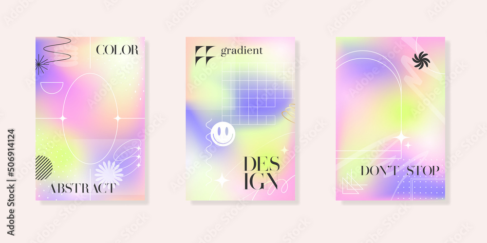 Blurred gradient background with geometric shapes. Fluid holographic gradient poster for wall art or social media cover. Modern wallpaper design tempate, brutalism inspired. Vector illustration
