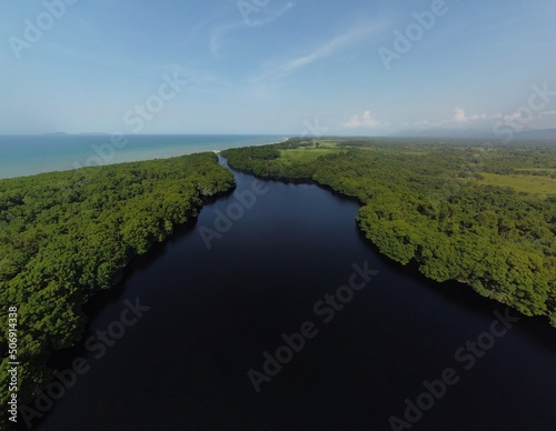 Aerial bird's eye view photo taken by drone of a lagoon in Honduras. Jutiapa Honduras. Laguna de Cacao, Honduras photo