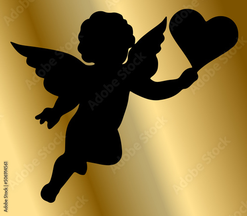 Cupid with Heart Ove a Gold Background