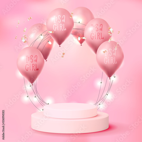 It's a girl 3d space. Empty pink room with pink podium, glowing wired lights arch, balloons. Scene mockup for advertising, promotional sales, cosmetics ads. Minimal concept with vector illustration.