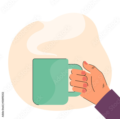 Hand holding glass green mug with steaming hot drink. Coffee or tea break of person flat vector illustration. Breakfast, rest time, offer concept for banner, website design or landing web page