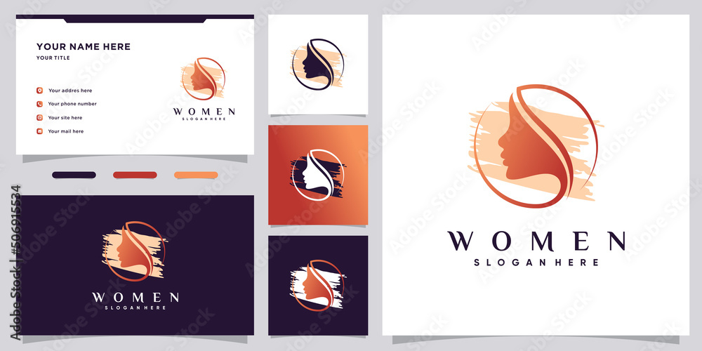 Women beauty logo design with leaf element and business card template Premium Vector