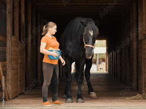 Woman with bucket of fodder standing next to horse in stable.