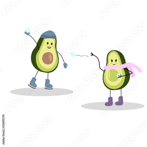 Vector illustration of avocado characters playing snowballs and skating. Winter games