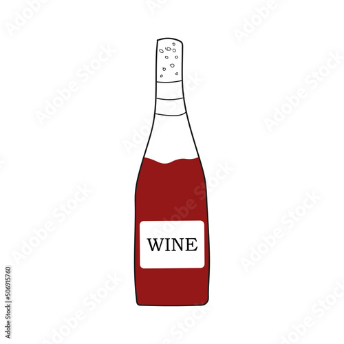 Red wine in bottle doodle vector illustration.Red wine in flat style