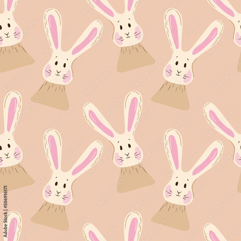 Lovely Bunnies. Childish Seamless vector pattern in flat style. Illustration in gentle pastel colors. Hand-drawn animal hares. Design for fabric, wallpaper, background