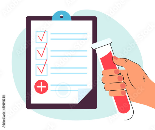 Medical lab blood test from sample tube in human hand. Person holding vial near list with results flat vector illustration. Report, medicine concept for banner, website design or landing web page