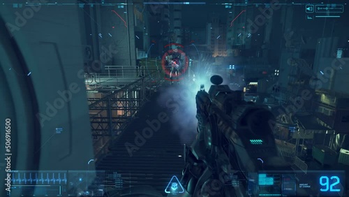 Fake Sci-Fi First Person Shooter. Cyberpunk style. HUD. Lens flares. 3D videogame. part 1/2. photo