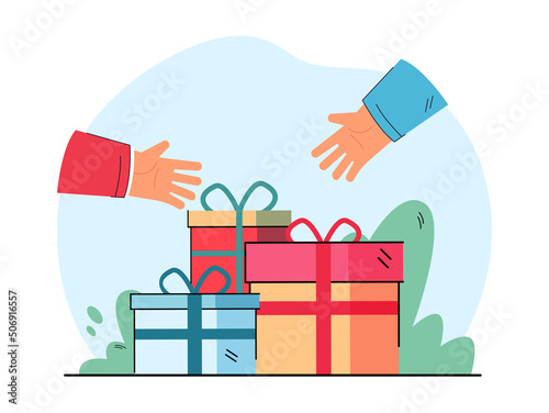 Receiving gifts in festive wrapping with ribbons by people. Hands catching surprise prizes or reward flat vector illustration. Birthday present concept for banner, website design or landing web page