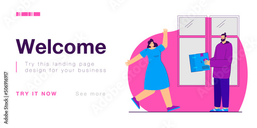 Postman or deliveryman giving parcel to woman who in a hurry to receive it. Courier delivering order to customers home flat vector illustration. Delivery service, shipment, logistics concept