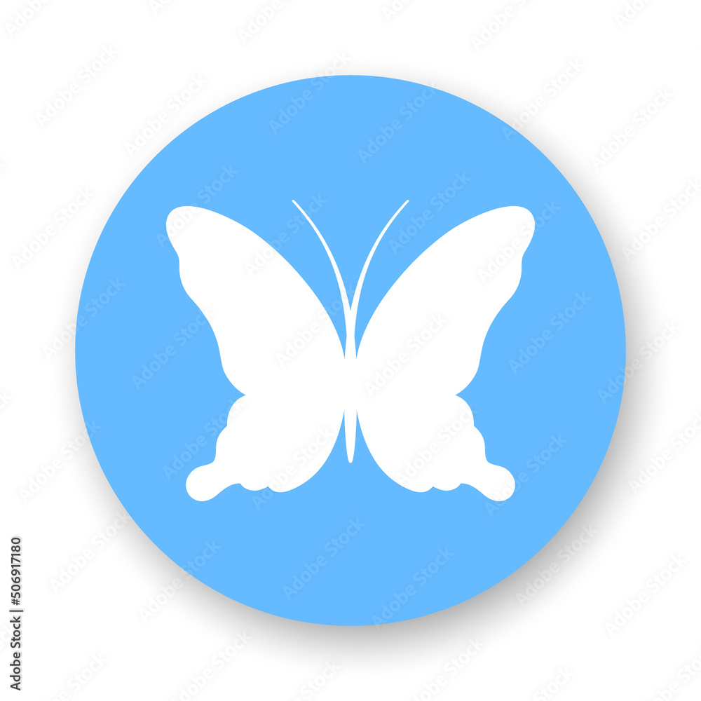 Butterfly flat icon. Stylized white butterfly on blue background. Best