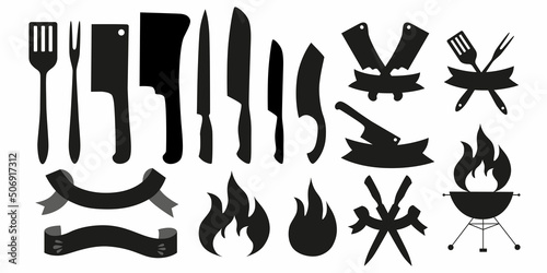 Logo constructor for barbecue, grill party logo set. Vector stock illustration isolated on white background for design packaging, logo, menu in restaurant, butcher shop. 